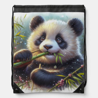 Adorable Panda Bear Eating Bamboo Drawstring Bag