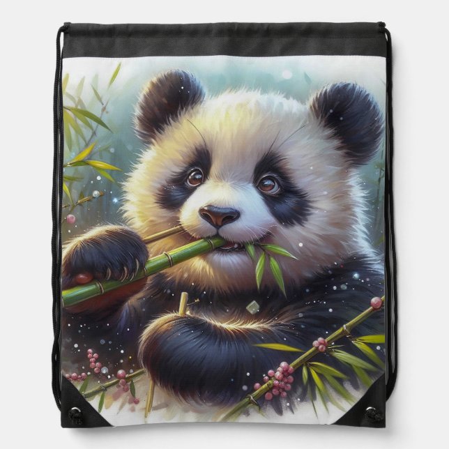 Adorable Panda Bear Eating Bamboo Drawstring Bag (Front)
