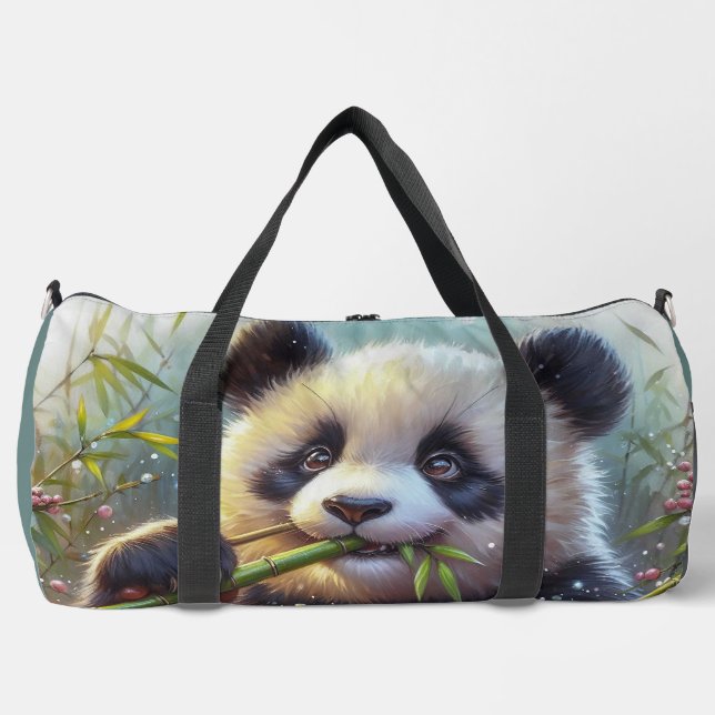 Adorable Panda Bear Eating Bamboo Duffle Bag (Front)