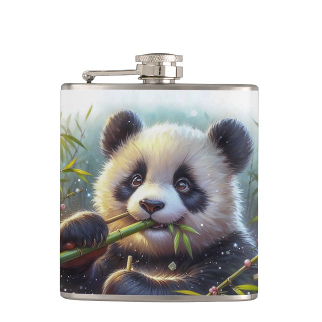 Adorable Panda Bear Eating Bamboo Flask (Front)