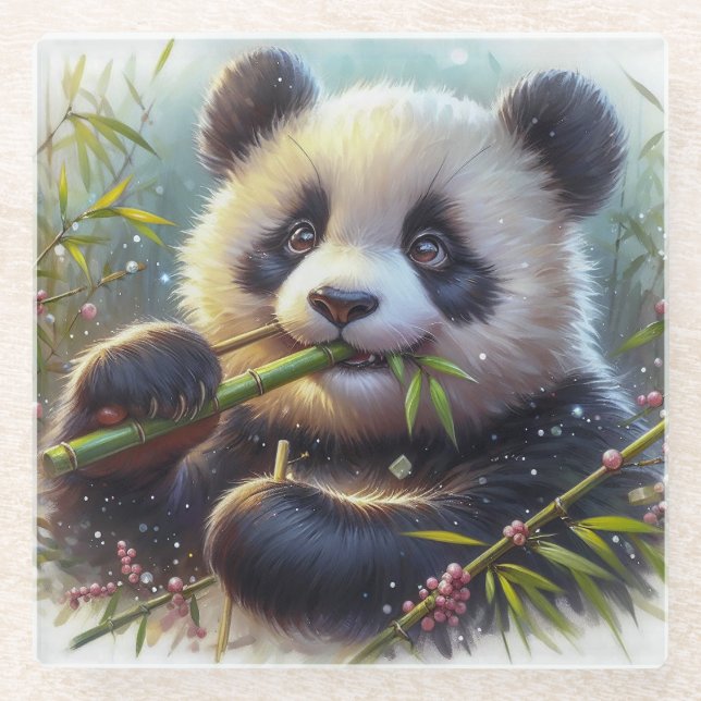 Adorable Panda Bear Eating Bamboo Glass Coaster (Front)