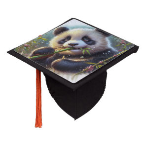 Adorable Panda Bear Eating Bamboo Graduation Cap Topper