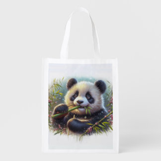 Adorable Panda Bear Eating Bamboo Grocery Bag