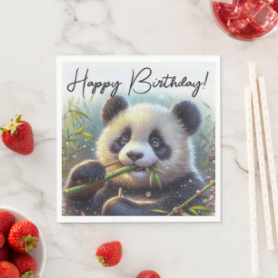 Adorable Panda Bear Eating Bamboo Happy Birthday Napkins
