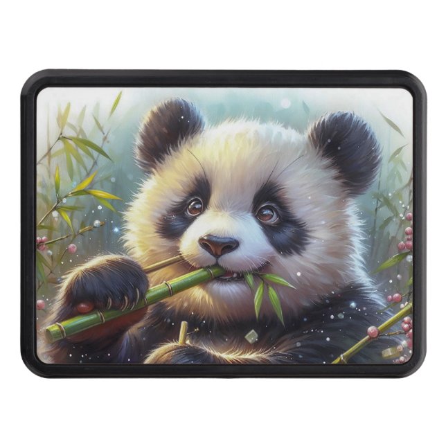 Adorable Panda Bear Eating Bamboo Hitch Cover (Front)