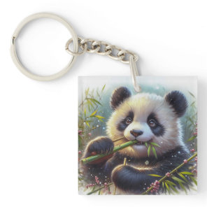 Adorable Panda Bear Eating Bamboo Keychain