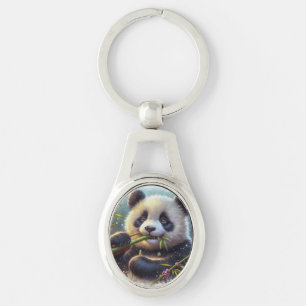 Adorable Panda Bear Eating Bamboo Keychain