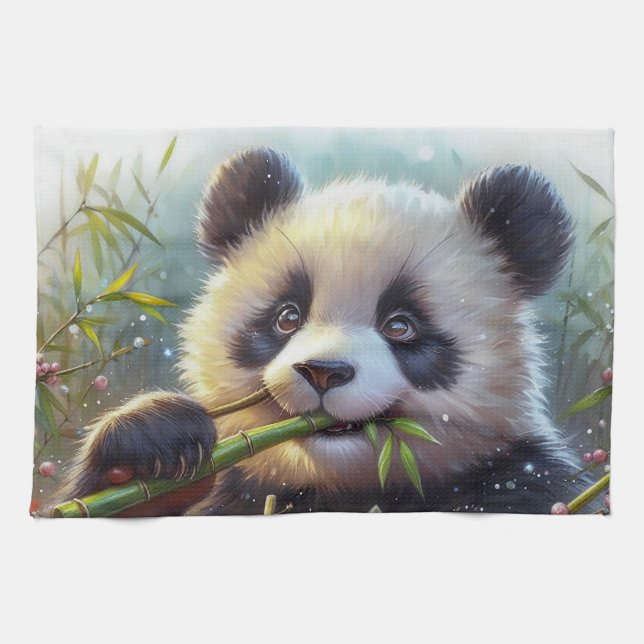Adorable Panda Bear Eating Bamboo Kitchen Towel (Horizontal)