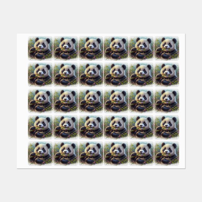 Adorable Panda Bear Eating Bamboo Labels (Sheet)