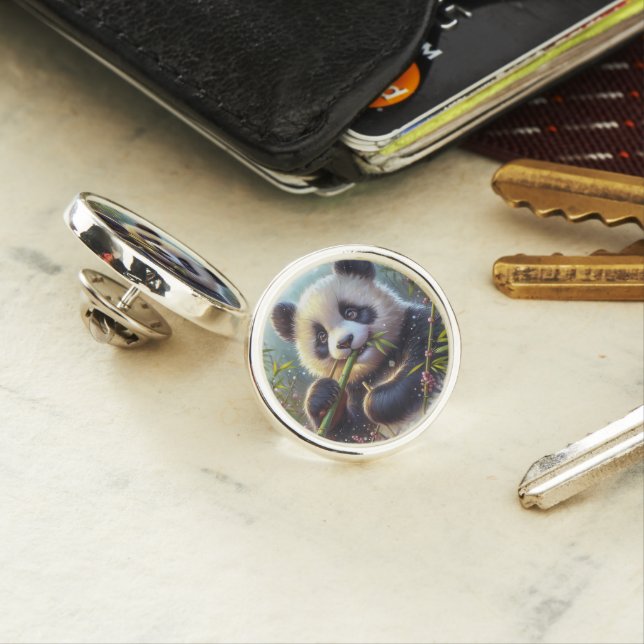Adorable Panda Bear Eating Bamboo Lapel Pin (In Situ)