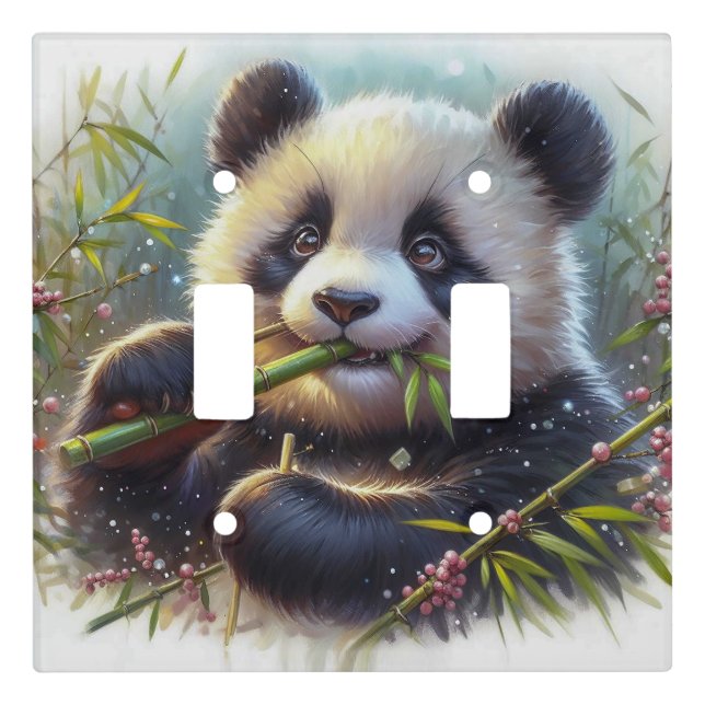 Adorable Panda Bear Eating Bamboo Light Switch Cover (Front)