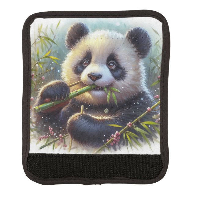 Adorable Panda Bear Eating Bamboo Luggage Handle Wrap (Front)