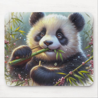 Adorable Panda Bear Eating Bamboo Mouse Pad