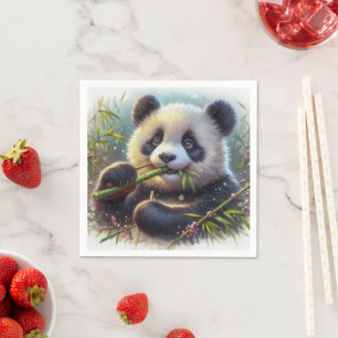 Adorable Panda Bear Eating Bamboo Napkins