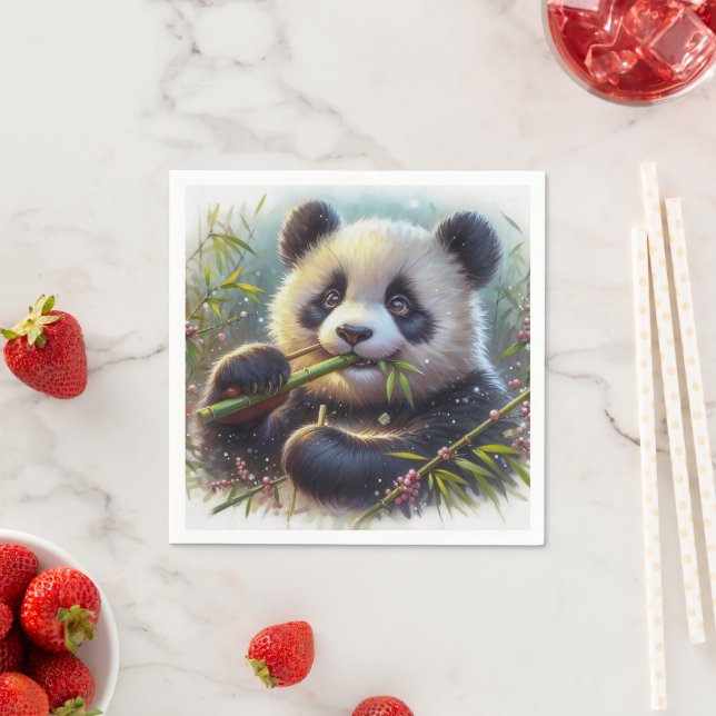 Adorable Panda Bear Eating Bamboo Napkins (Insitu)