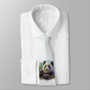Adorable Panda Bear Eating Bamboo Neck Tie