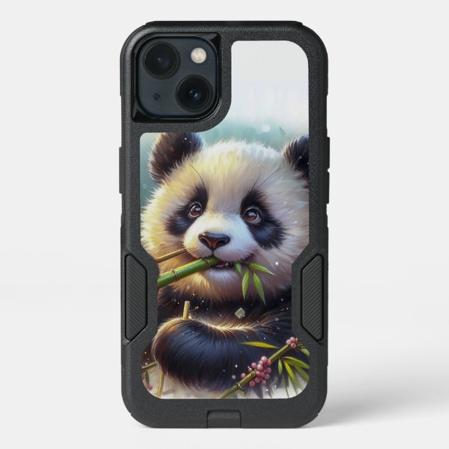 Adorable Panda Bear Eating Bamboo Otterbox iPhone Case (Back)