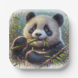 Adorable Panda Bear Eating Bamboo Paper Plates
