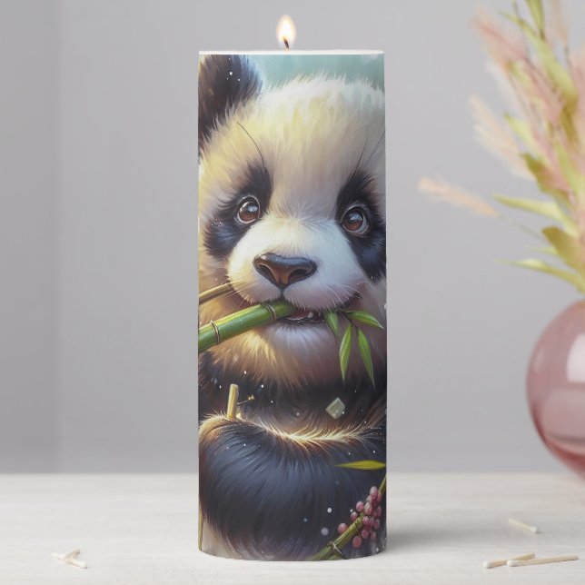 Adorable Panda Bear Eating Bamboo Pillar Candle (In Situ)