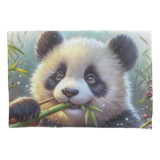 Adorable Panda Bear Eating Bamboo Pillow Case (Front)