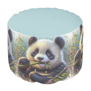 Adorable Panda Bear Eating Bamboo Pouf