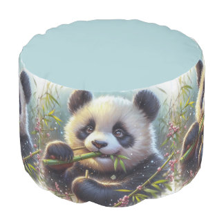 Adorable Panda Bear Eating Bamboo Pouf