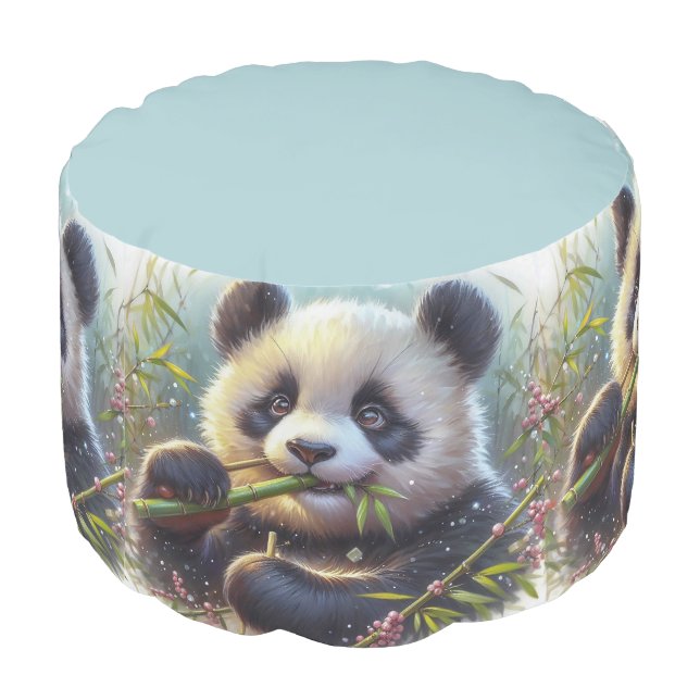 Adorable Panda Bear Eating Bamboo Pouf (Angled Back)