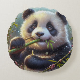 Adorable Panda Bear Eating Bamboo Round Pillow