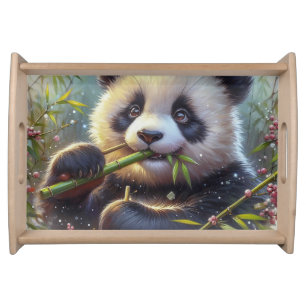 Adorable Panda Bear Eating Bamboo Serving Tray