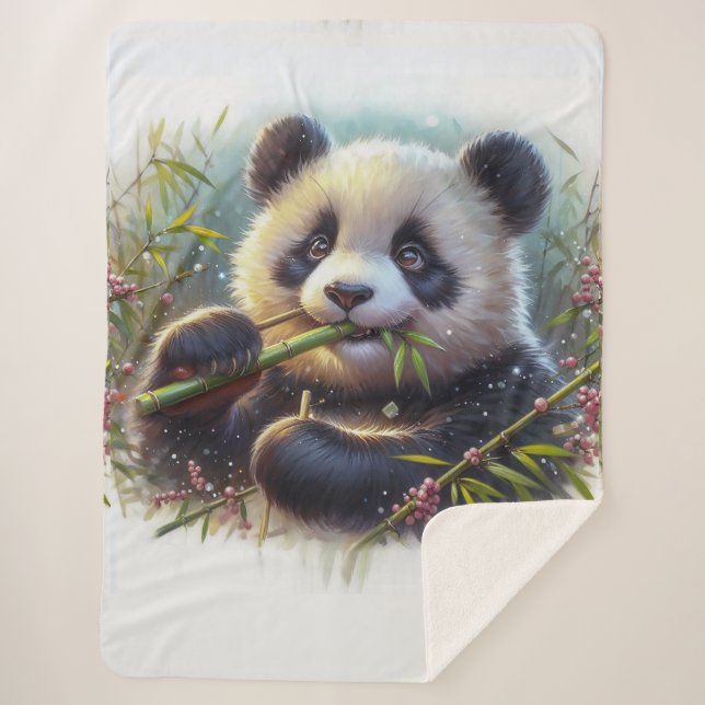 Adorable Panda Bear Eating Bamboo Sherpa Blanket (Front)