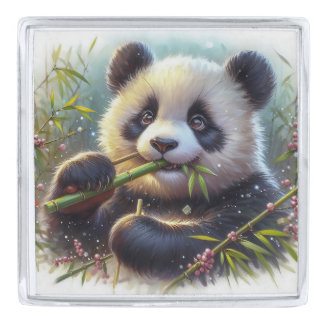 Adorable Panda Bear Eating Bamboo Silver Finish Lapel Pin