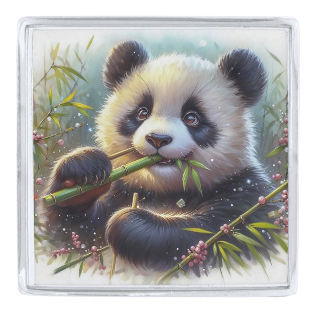 Adorable Panda Bear Eating Bamboo Silver Finish Lapel Pin (Front)