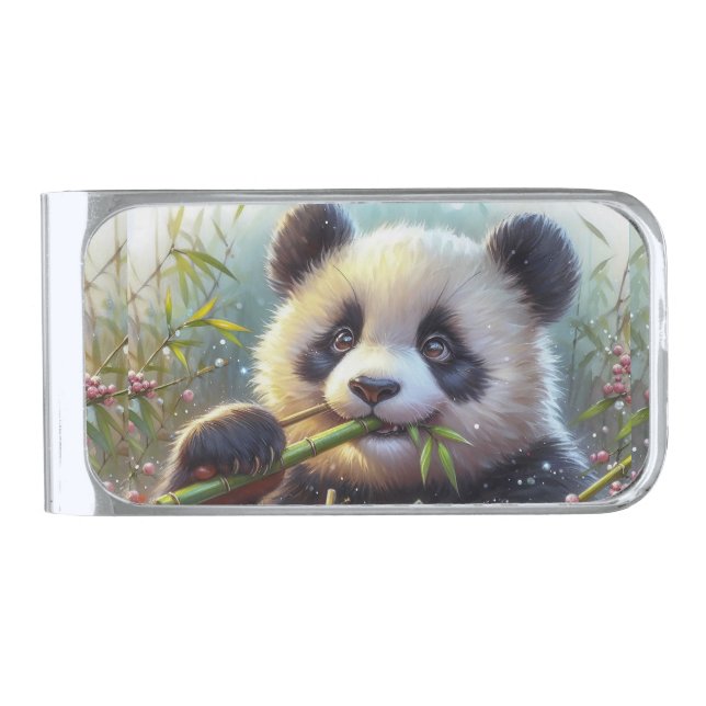 Adorable Panda Bear Eating Bamboo Silver Finish Money Clip (Front)