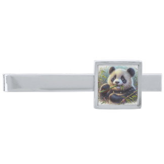 Adorable Panda Bear Eating Bamboo Silver Finish Tie Bar