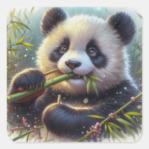 Adorable Panda Bear Eating Bamboo Square Sticker