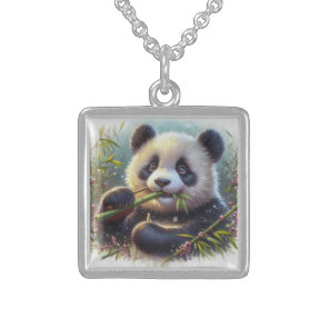 Adorable Panda Bear Eating Bamboo Sterling Silver Necklace