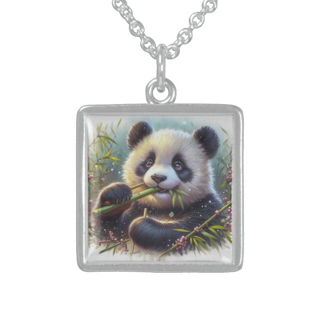 Adorable Panda Bear Eating Bamboo Sterling Silver Necklace (Front)