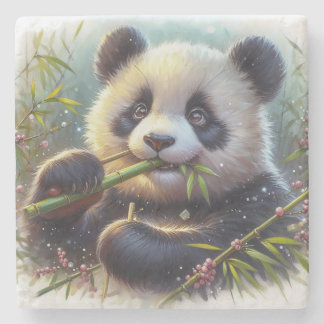 Adorable Panda Bear Eating Bamboo Stone Coaster