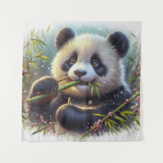 Adorable Panda Bear Eating Bamboo Tapestry