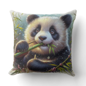 Adorable Panda Bear Eating Bamboo Throw Pillow