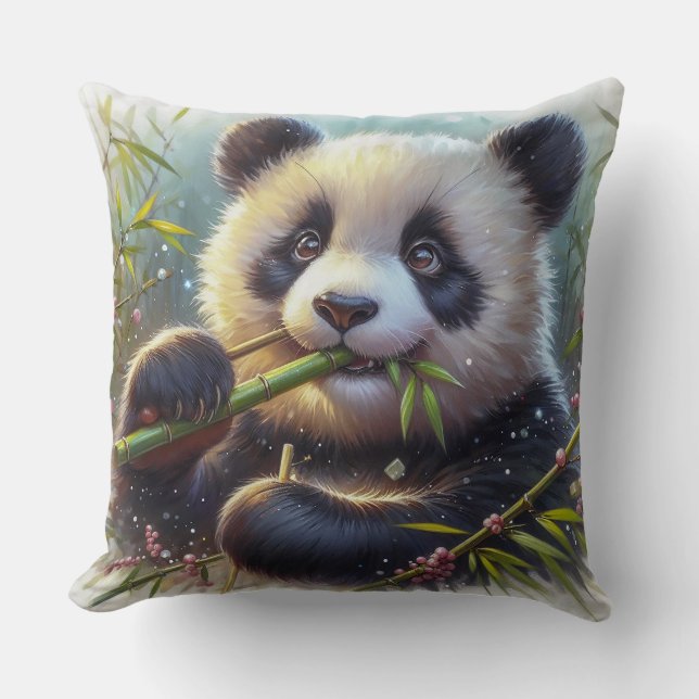 Adorable Panda Bear Eating Bamboo Throw Pillow (Front)