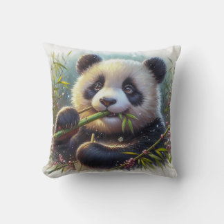 Adorable Panda Bear Eating Bamboo Throw Pillow