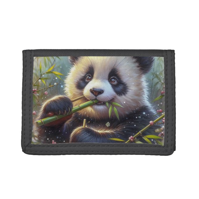 Adorable Panda Bear Eating Bamboo Trifold Wallet (Front)