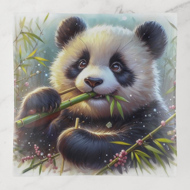 Adorable Panda Bear Eating Bamboo Trinket Tray (Front)