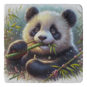 Adorable Panda Bear Eating Bamboo Trivet