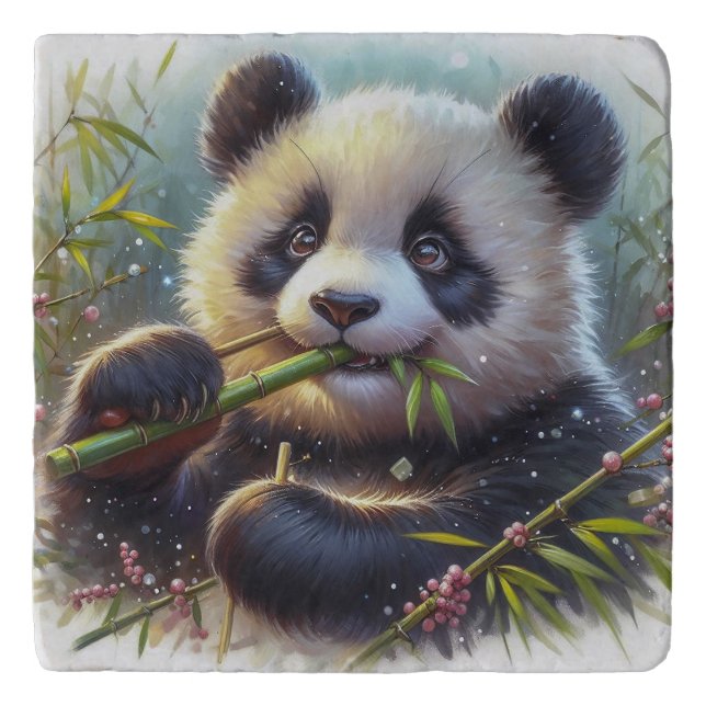 Adorable Panda Bear Eating Bamboo Trivet (Front)