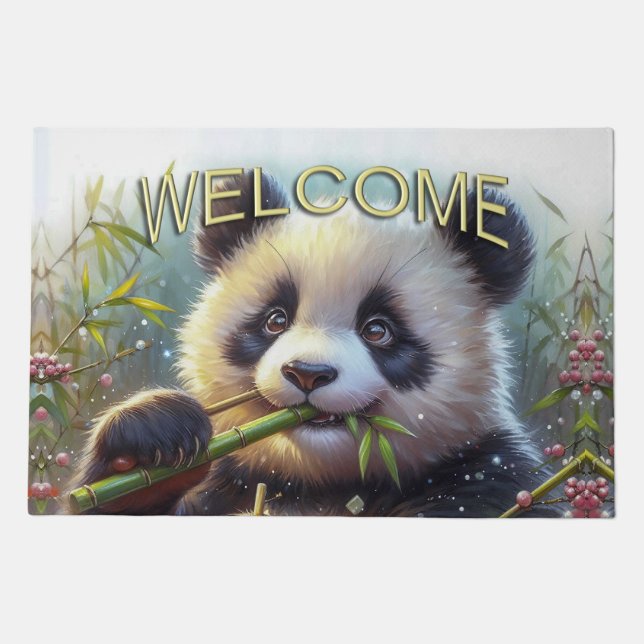 Adorable Panda Bear Eating Bamboo Welcome Doormat (Front)