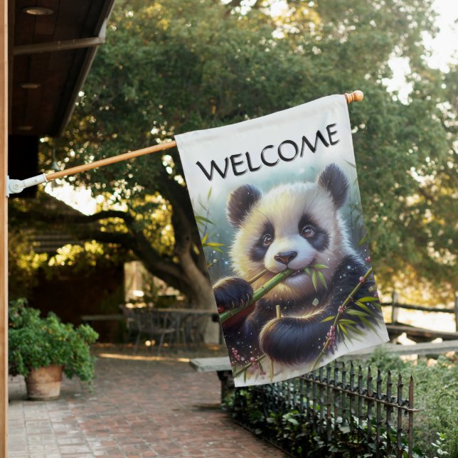 Adorable Panda Bear Eating Bamboo Welcome House Flag (In SItu)