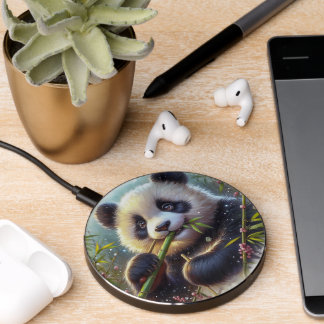 Adorable Panda Bear Eating Bamboo Wireless Charger