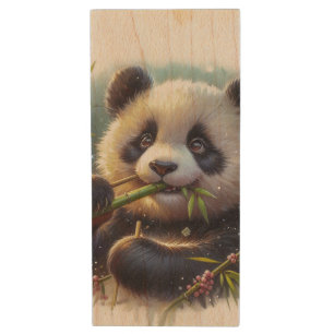 Adorable Panda Bear Eating Bamboo Wood Flash Drive